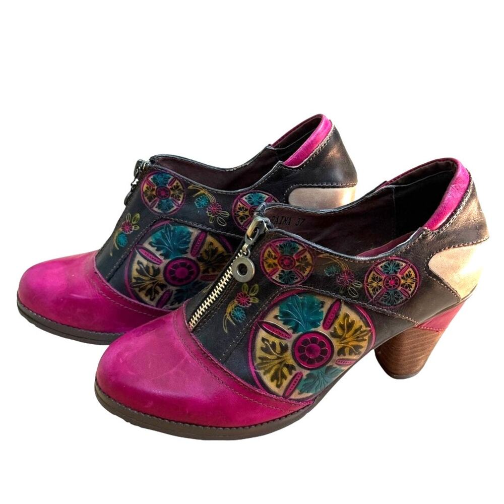 L'Artiste Raina Slip On Heel Comfort Women SZ 37 Hand painted Floral Secretary